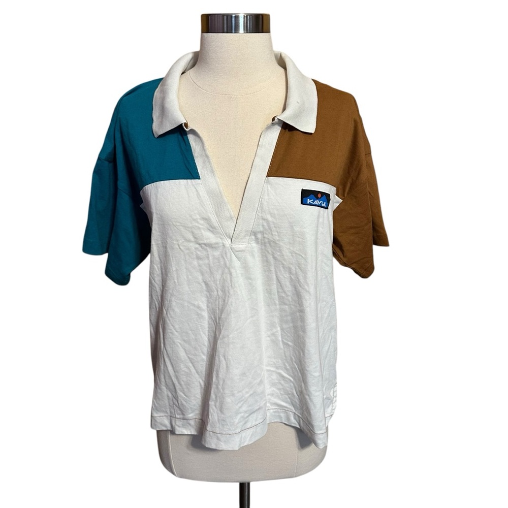 Kavu Teal, Brown, and White Crop Top